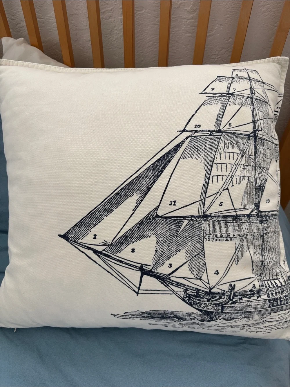 Nautical Ship Print Decorative Pillow cover off white base col 19x18 with zipper